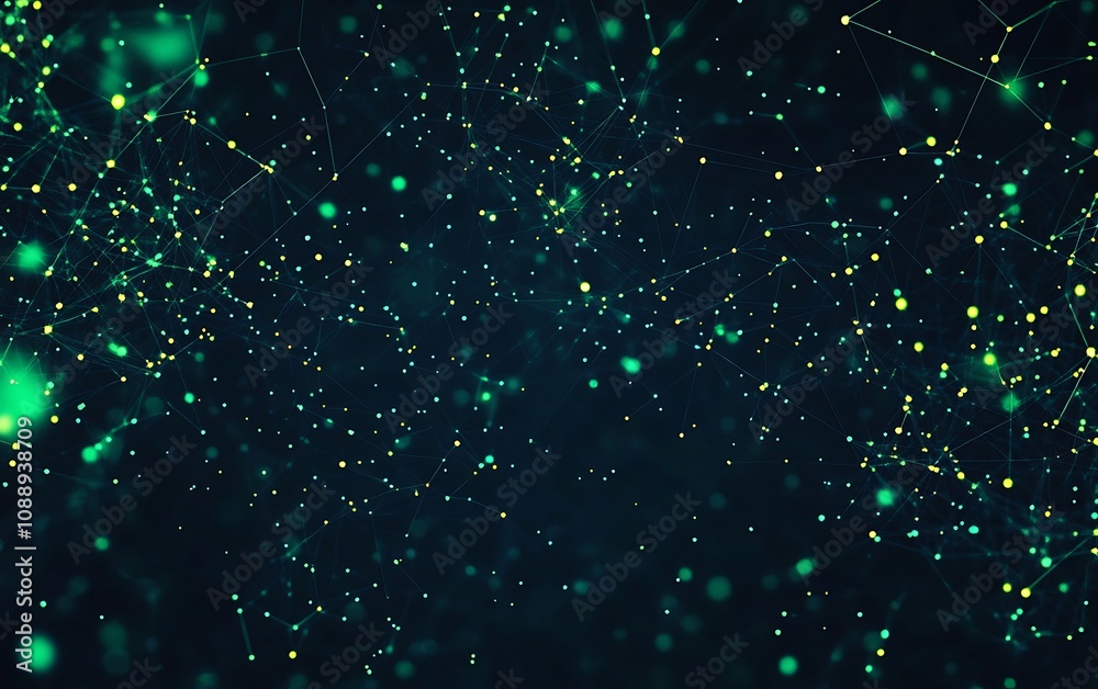 Poster Abstract dark teal background with glowing green and gold particles connected by lines, representing network, connection, or technology.
