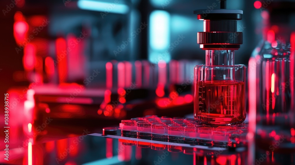 Poster red light illuminates a glass container and red bottle in a nanotechnology research lab, hinting at 