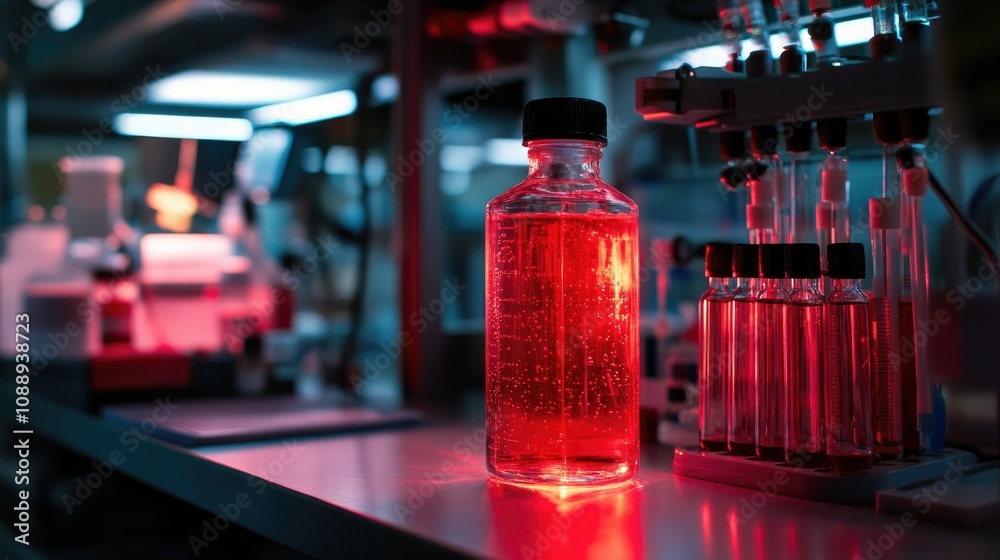 Poster red light illuminates a glass container and red bottle in a nanotechnology research lab, hinting at 