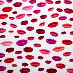 A high-resolution digital artwork featuring an array of vibrant lipstick marks meticulously arranged on a pristine white background. Each lip print showcases different shades of red, pink, and fuchsia
