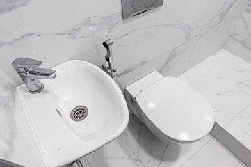 interior apartment room bathroom, sink, decorative elements, toilet. WC, sanitary unit, wash room