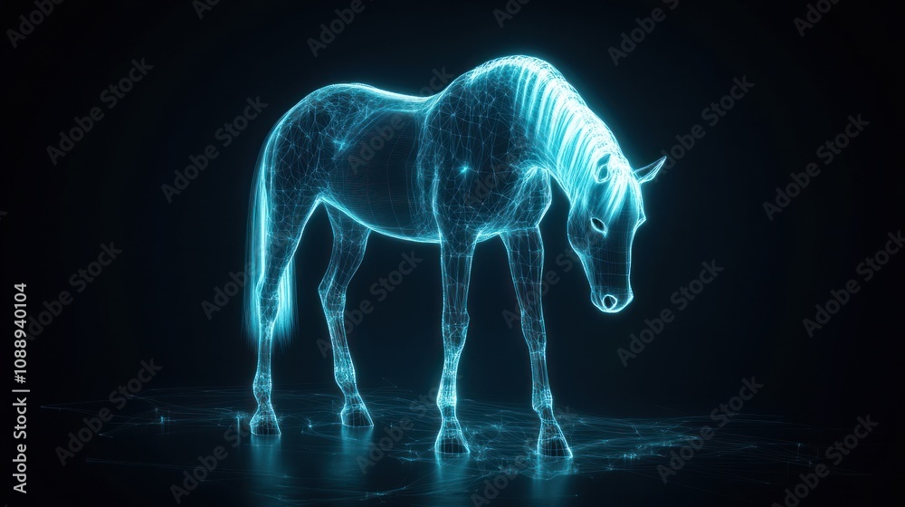 Poster a glowing holographic representation of a horse in a dark environment.