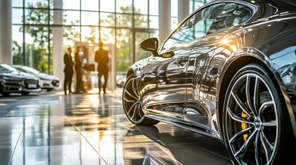 Sales Team Collaboration Discussing Strategy by a New Luxury Car in Modern Dealership Showroom.