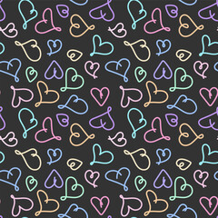 Doodle colorful Hearts Seamless pattern. Outline heart shapes on black Background. Funny Scribble. Template for package wrapping paper card wallpaper textile print banner