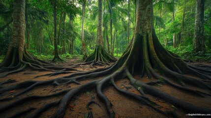Fototapeta premium Majestic Jungle Scene with Rich Greenery and Elaborate Roots Emphasizing the Beauty of Nature in a Lush Tropical Landscape Full of Life and Serenity