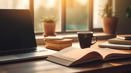 Desk corner image with coffee cup, laptop, workspace plan with clean color tones and space for text, presentation fonts, job descriptions, learning and working graphic resources.
