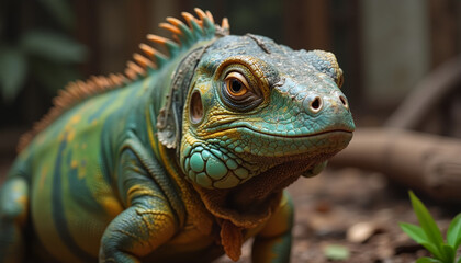 Fototapeta premium Iguana in profile looking at the camera in close-up in terrarium
