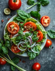 Fresh tomato and basil salad with red onion, served on a grey surface