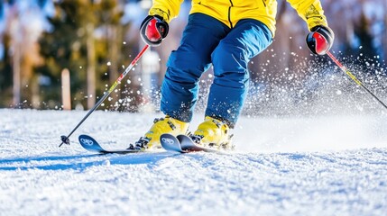 Skier carving turns down snowy slope.