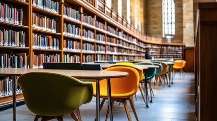 Modern Library Interior Featuring Colorful Chairs, Tall Bookshelves, and Rows of Tables in a Bright and Inviting Reading Environment