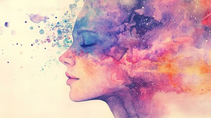 Fototapeta premium Artistic expression of emotions abstract watercolor portrait creative studio dreamy atmosphere side view inner journey
