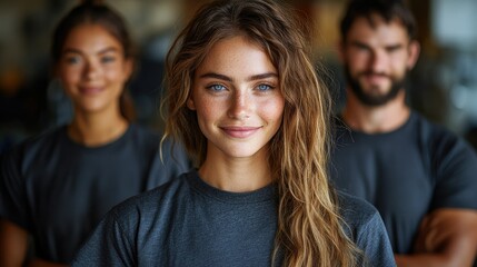 Obraz premium Confident young woman with colleagues in background.