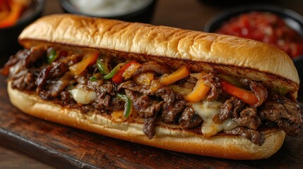 Delicious steak and cheese sandwich with peppers and onions on a toasted roll.