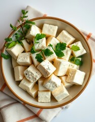 Creamy cheese cubes garnished with fresh parsley sit in a bowl on a kitchen towel