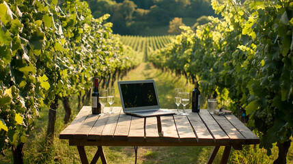 Remote workspace in a vineyard wooden table with laptop surrounded by grapevines calming work environment Copy space