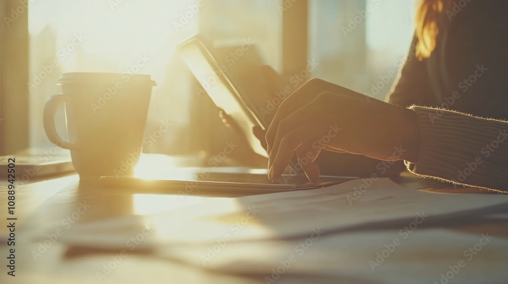 Poster A person using a tablet and phone while enjoying a drink in a sunlit workspace.