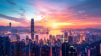 Fototapeta premium The photo showcases a towering urban skyline at dusk, illuminated by neon signs and glowing windows, with subtle reflections of light on glossy skyscrapers, representing digital connectivity and corpo