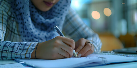 Fototapeta premium Close-up of Hands Writing in Notebook with Pen, in a Casual Setting.