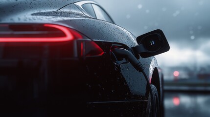 A black electric car is plugged into a charging station. Raindrops cover the car's body. The charging station is visible in the background.