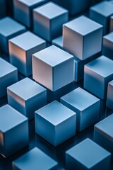 Obraz premium 3D render of cubes arranged in a dark blue background. Abstract futuristic technology concept.