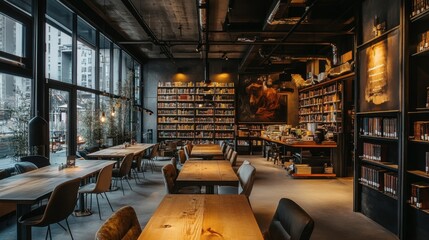 Fototapeta premium Cozy and Elegant Interior of a Modern Library with Bookshelves, Warm Lighting, and Study Tables Ideal for Reading, Working, or Meeting in an Urban Environment