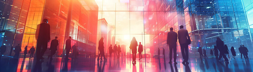 Fototapeta premium Silhouetted Figures Walk Through Futuristic Cityscape, Digital Art Illustration of Urban Life at Sunset, Vibrant Colors