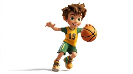 A cheerful cartoon boy dribbles a basketball, showcasing sports enthusiasm and energy.