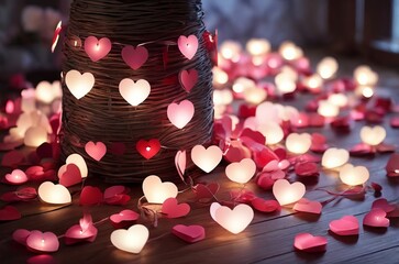 Obraz premium Close-up of glowing heart-shaped lights in focus, hanging on a string. Warm red hues with a blurred background. Romantic atmosphere concept for Valentine's Day