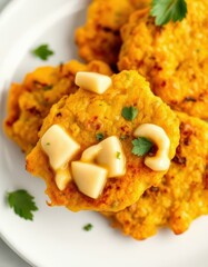 Golden corn fritters topped with melted cheese and fresh parsley sit on a plate