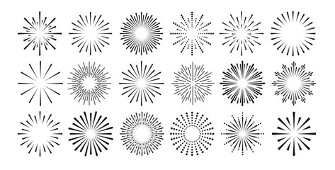 Set of round sunburst, line editable sun frame. Radial circle lines. Firework black explosion on white background. Design elements