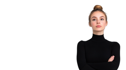 A confident woman in a black turtleneck with arms crossed. Transparent background.