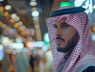 Fototapeta premium A Man in Traditional Arabian Attire Contemplates in a Night Bazaar Setting