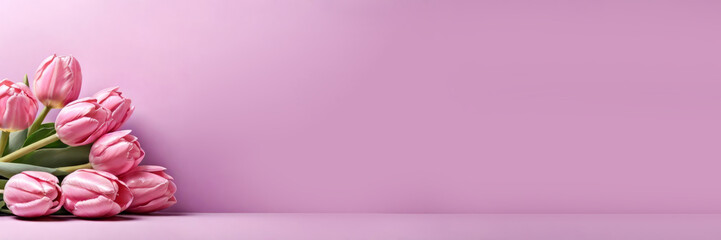 Obraz premium A bouquet of pink tulips on a violet background, an empty space for the text on the right
