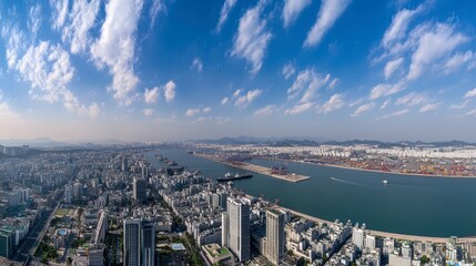 Fototapeta premium Panoramic View of a Bustling Metropolis with Towering Skyscrapers, Industrial Port, and Vibrant Blue Sky Filled with Fluffy Clouds