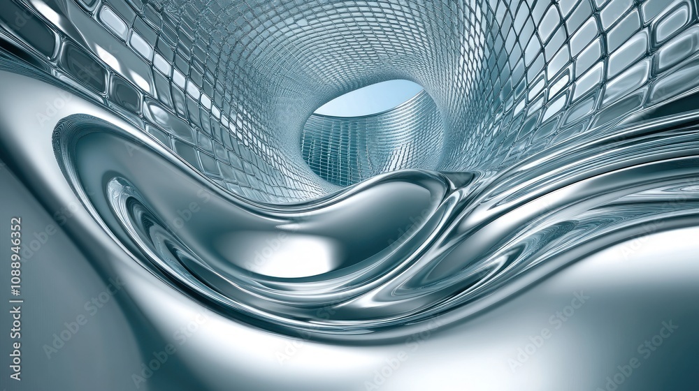 Poster A futuristic, abstract tunnel with smooth metallic surfaces and a light source above.