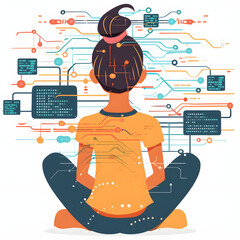illustration featuring a girl from the back, immersed in learning to code. abstract shapes represent data structures, symbolizing the journey of mastering programming with a white accent, c