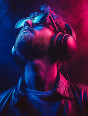 Naklejka premium man with headphones enjoys techno music, illuminated by vibrant pink and blue lights, creating dynamic and energetic atmosphere