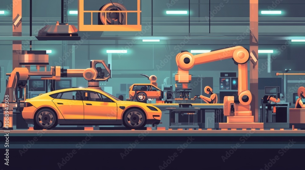 Poster A sleek yellow vehicle is positioned on an assembly line, surrounded by robotic arms and workers busy assembling components in a cutting-edge manufacturing plant.