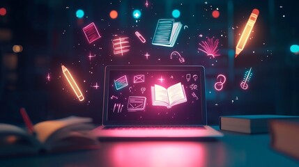 Glowing Laptop with Floating Education Icons Representing Distance Learning Tools