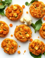 Savory cauliflower and carrot fritters, garnished with fresh herbs, make a delicious and healthy snack