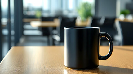 A Black Coffee Mug Rests on a Wooden Table in a Modern Office Setting, with Sunlight Streaming Through the Window