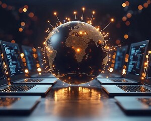Glowing Globe Surrounded by Illuminated Laptops Representing Virtual Global Classroom