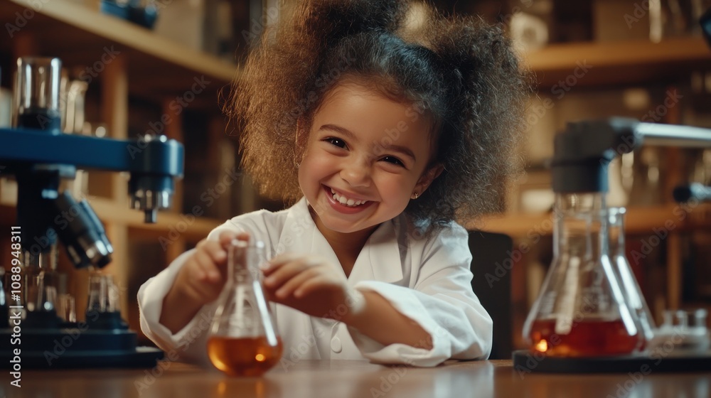 Poster A joyful child in a lab coat experiments with colorful liquids in a science setting.