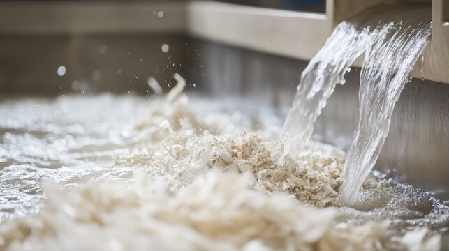 Shredded paper is combined with water and chemicals in a pulping machine for recycling