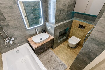 interior apartment room bathroom, sink, decorative elements, toilet. WC, sanitary unit, wash room