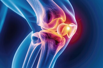 graphic image of knee pain, human skeleton. Diagnosis of arthrosis and joint diseases
