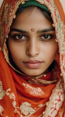 A close-up of a Bangladeshi woman showcasing her serene expression in traditional attire