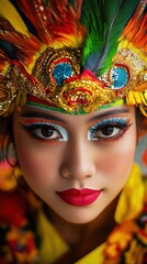 Naklejka premium Close-up of a focused traditional dancer showcasing vibrant makeup and a colorful headdress