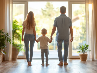 A family stands together, holding hands while facing a bright, open doorway, symbolizing unity and new beginnings.