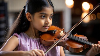 "Indian Child Musician"
An Indian girl playing a musical instrument, such as a violin or piano, in a performance setting.